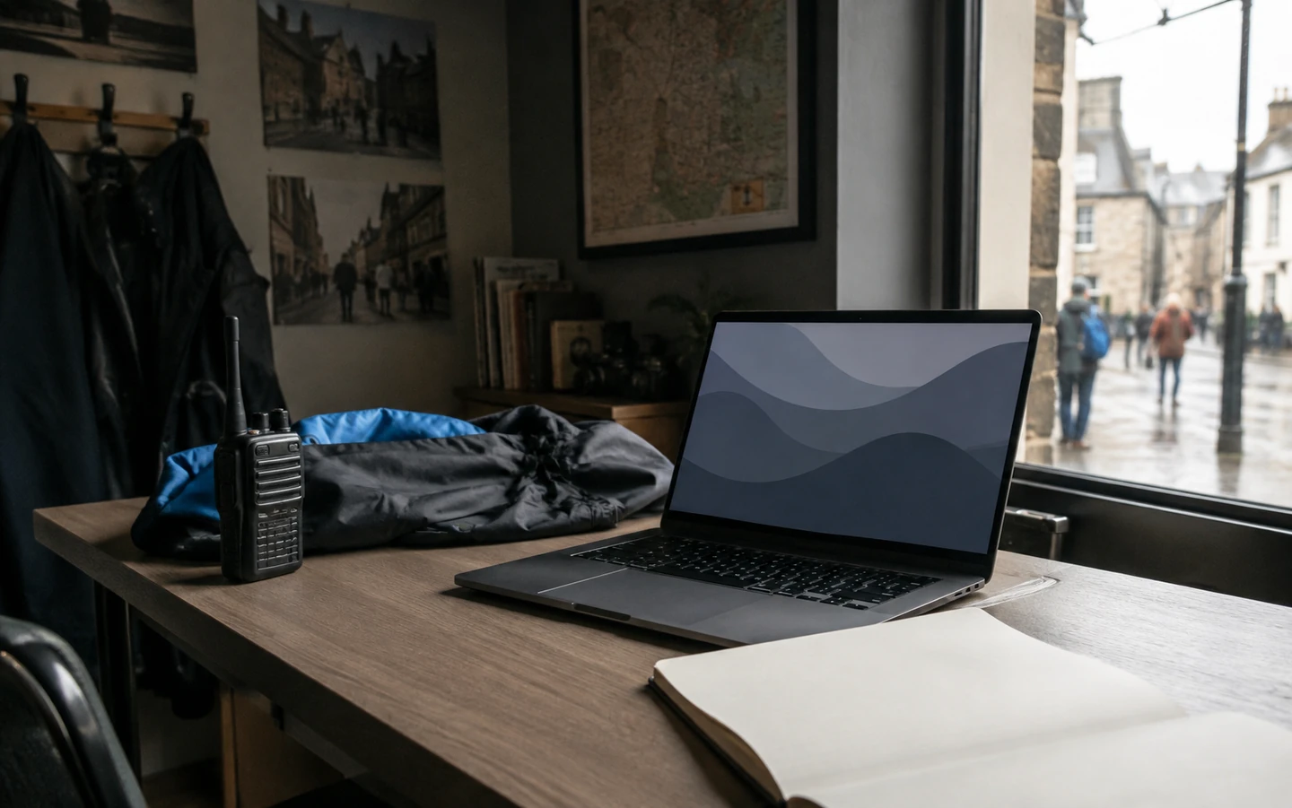 Laptop, radio and open planner on a desk beside a window.