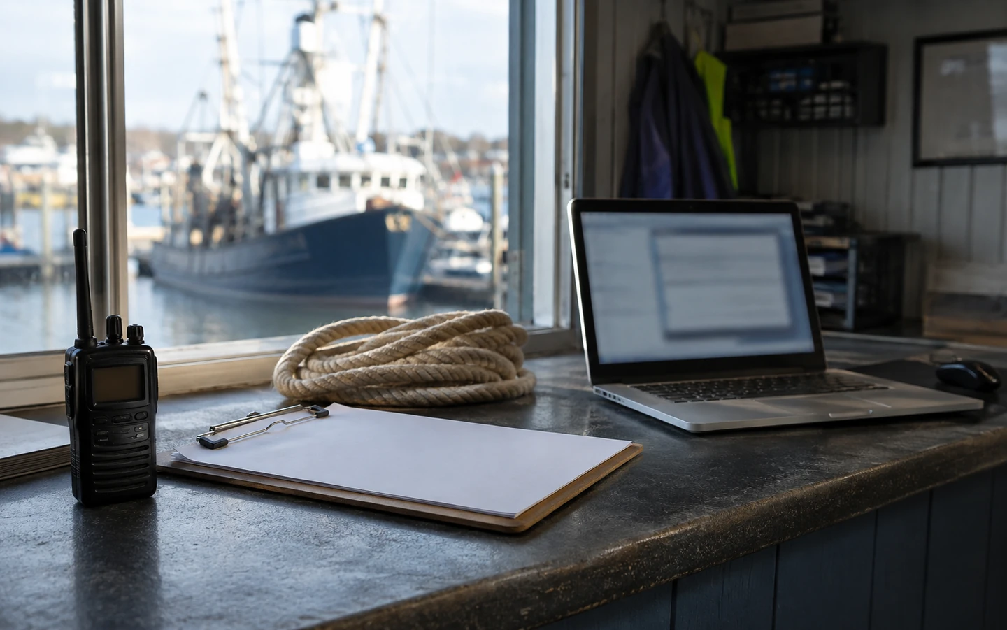 A marina operations desk with a passenger clipboard, rope and laptop, with a small boat moored outside.