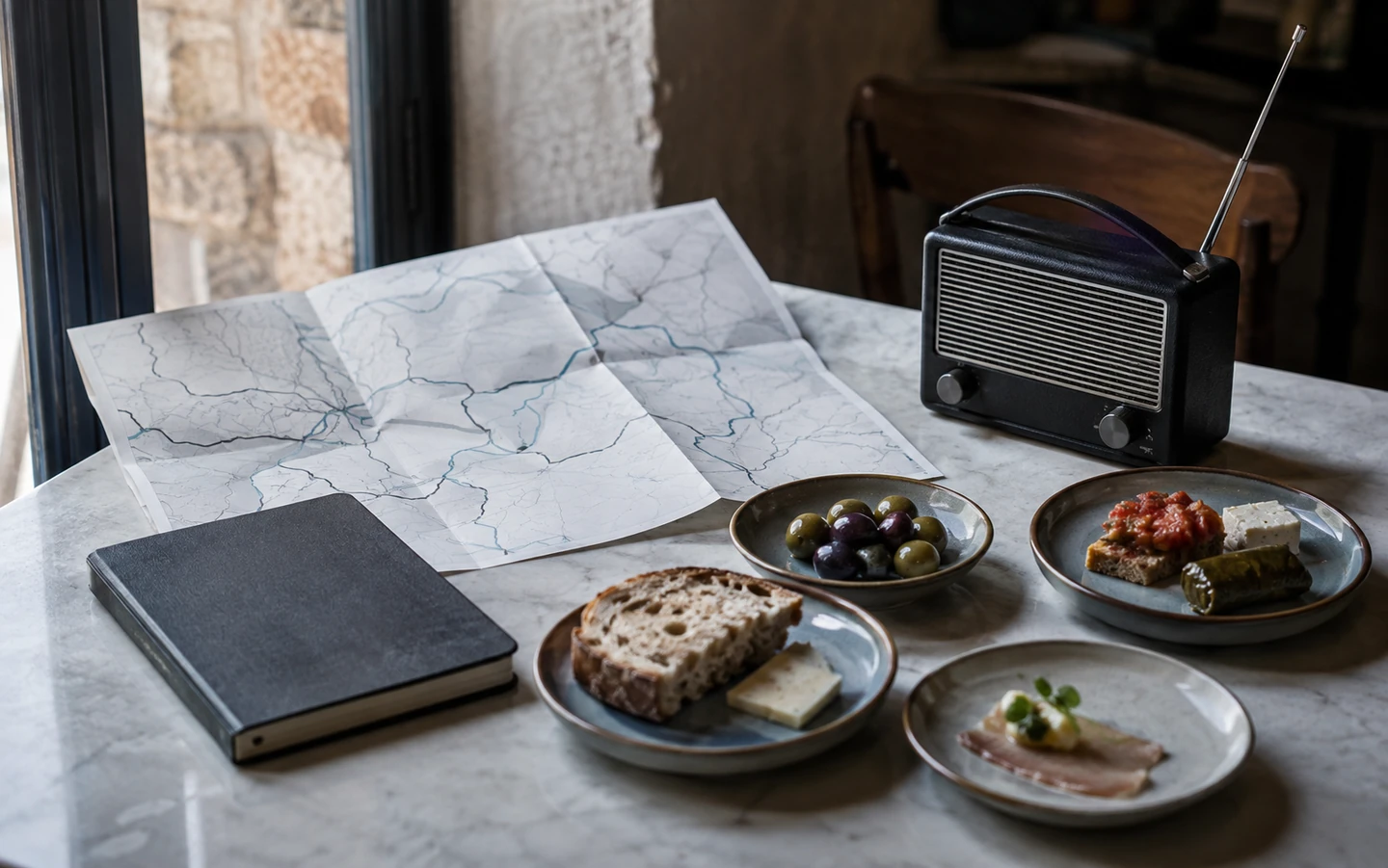 A walking-food-tour planning table with a folded route map, notebook, small plates and radio.