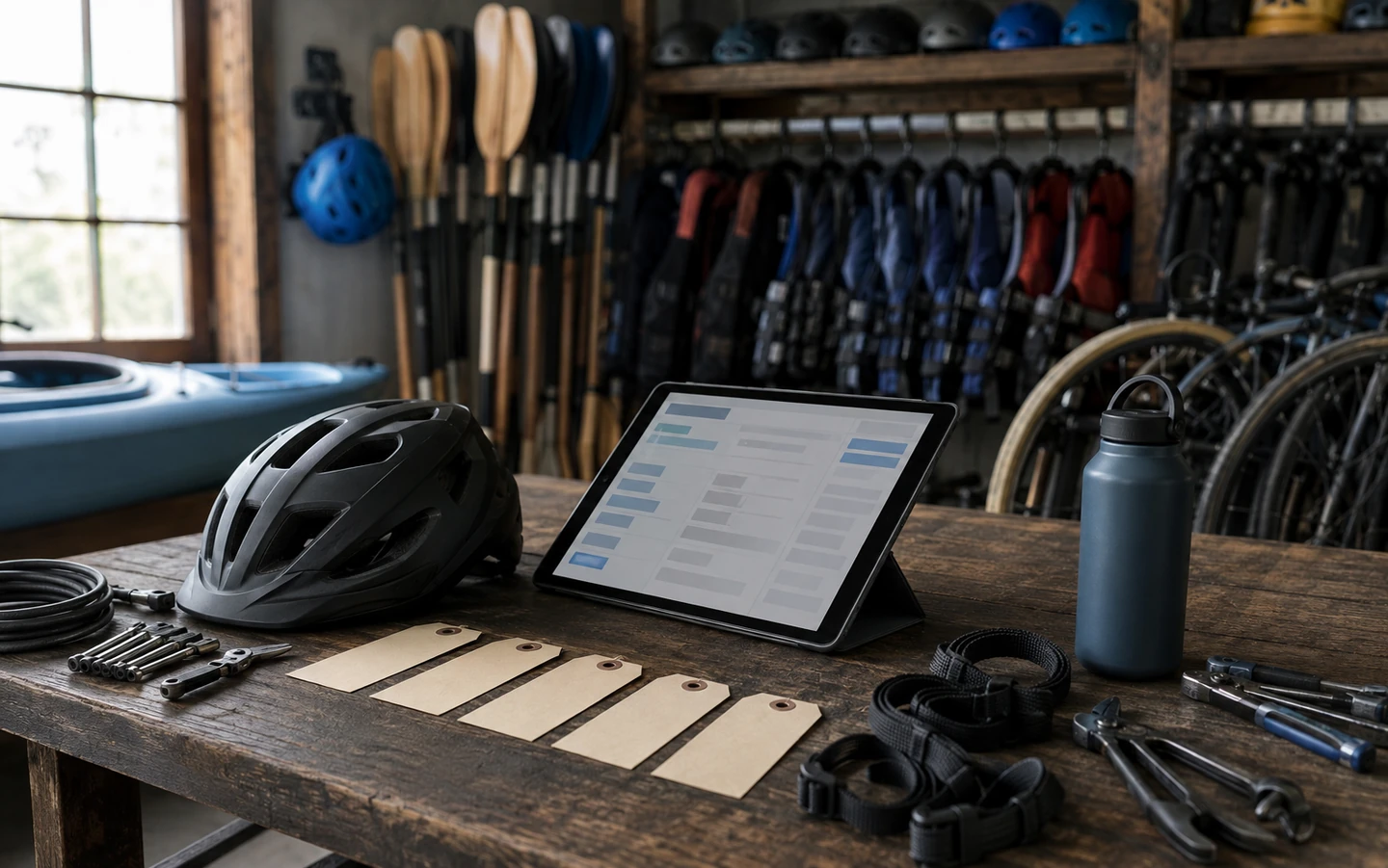 A bike and kayak rental workshop with helmets, water-sports gear and an unbranded tablet on the counter.