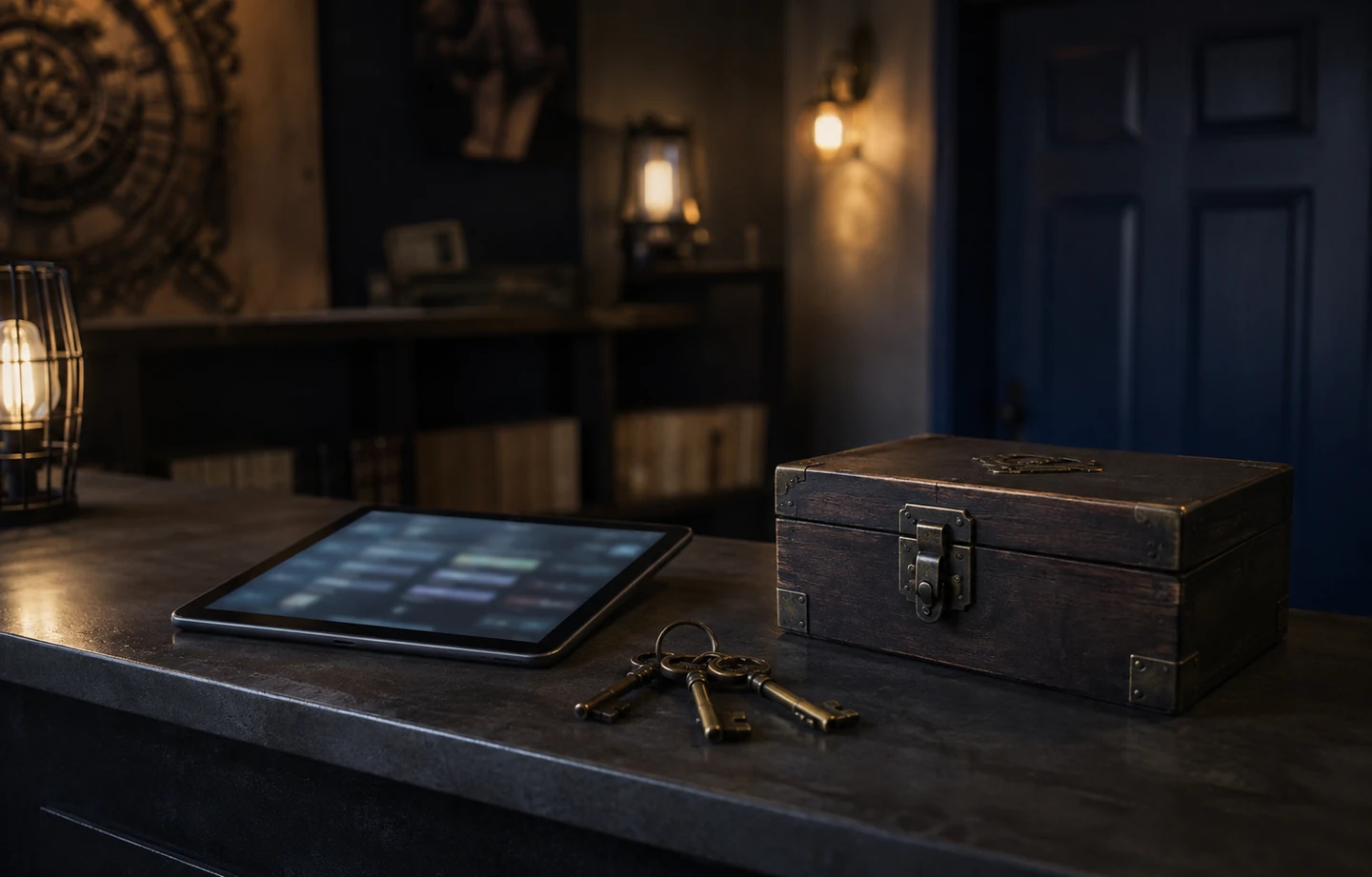 Tablet, keys and a wooden puzzle box on an escape-room reception desk.