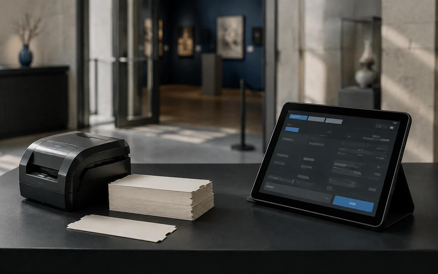 Tablet, ticket printer and ticket stock at a museum admissions desk.