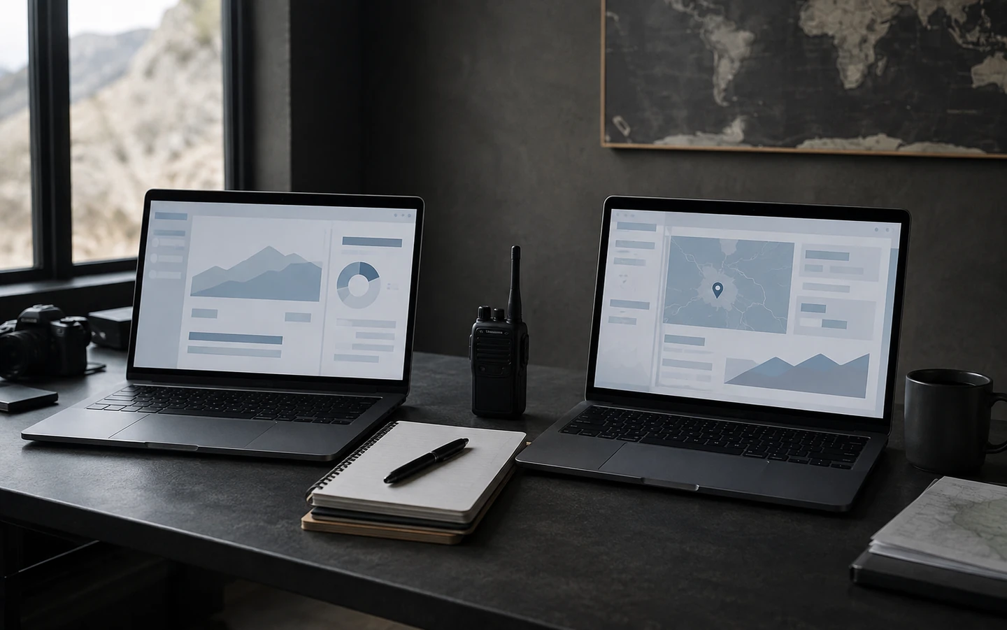 Two unbranded laptops displaying abstract booking layouts beside a radio on a tour-operator desk.