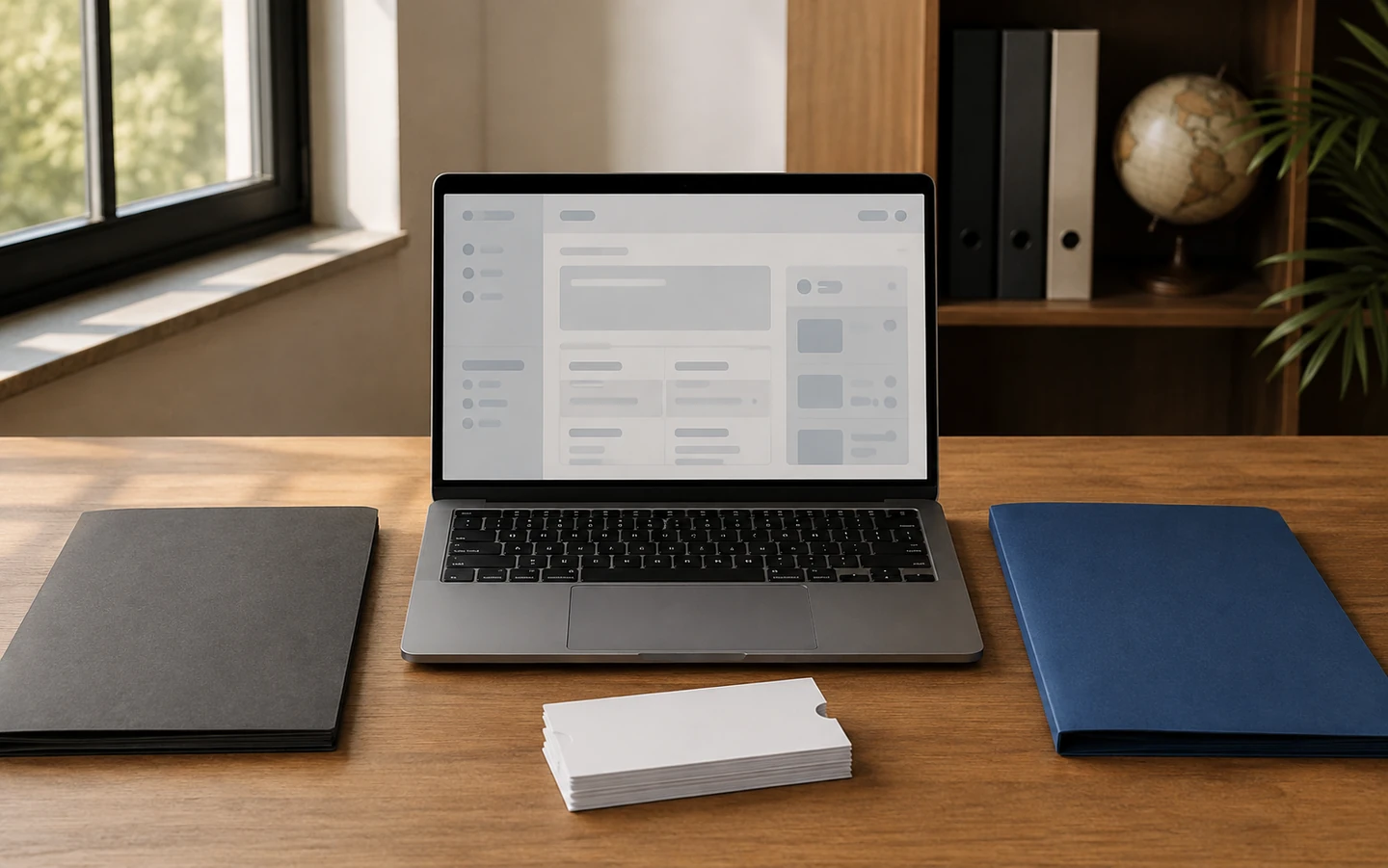 An unbranded laptop showing an abstract booking layout beside planning folders on a tour-operator desk.
