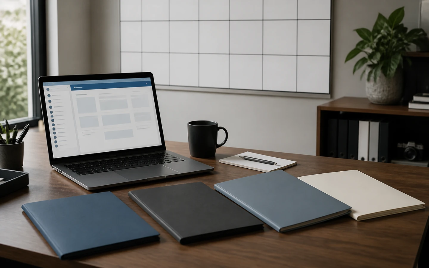 Laptop and folders beneath a wall planning grid.