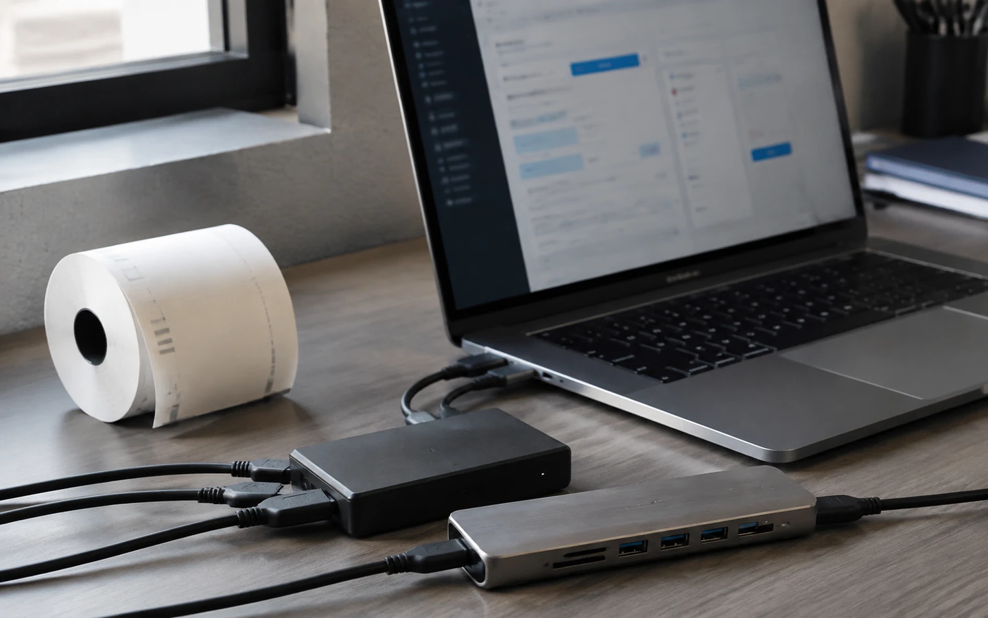 Laptop, ticket roll and connected hubs on a booking desk.