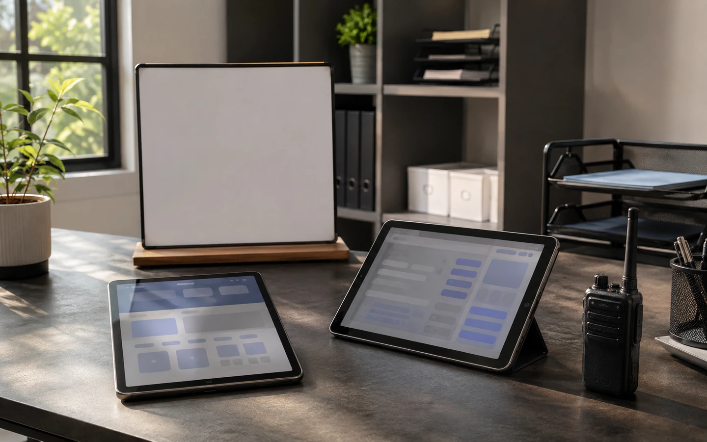 Two tablets and a radio in front of a blank planning board.