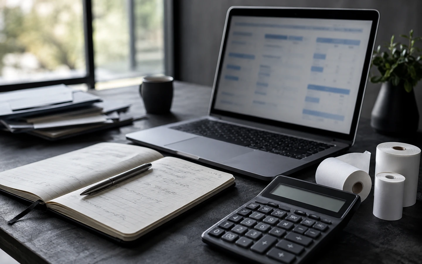 Calculator, receipt rolls, notebook and laptop on a finance desk.