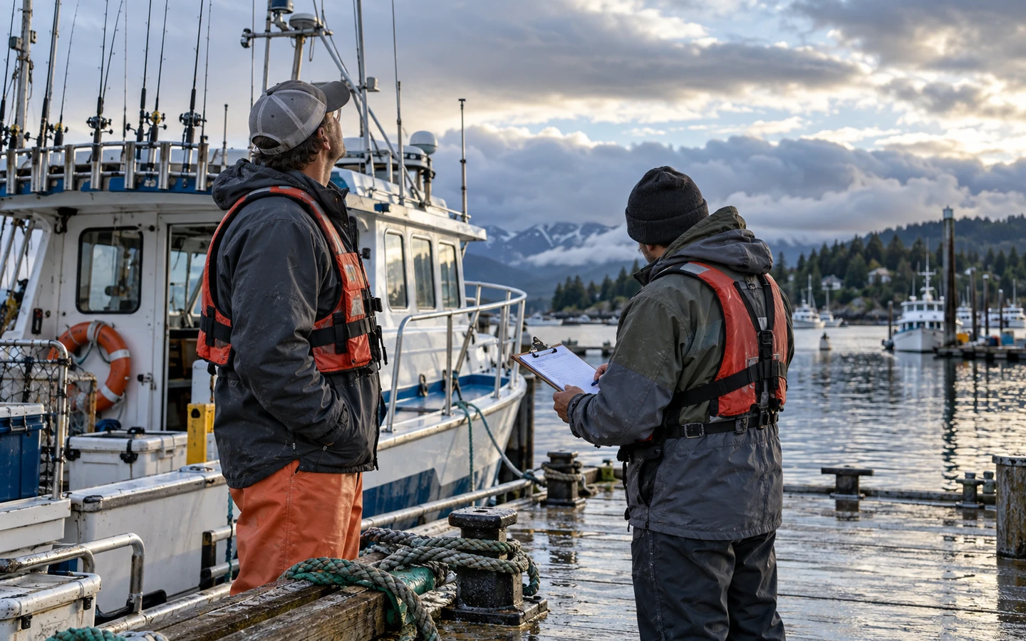 A charter skipper and deckhand reviewing the vessel and passenger plan as changing weather approaches the marina.