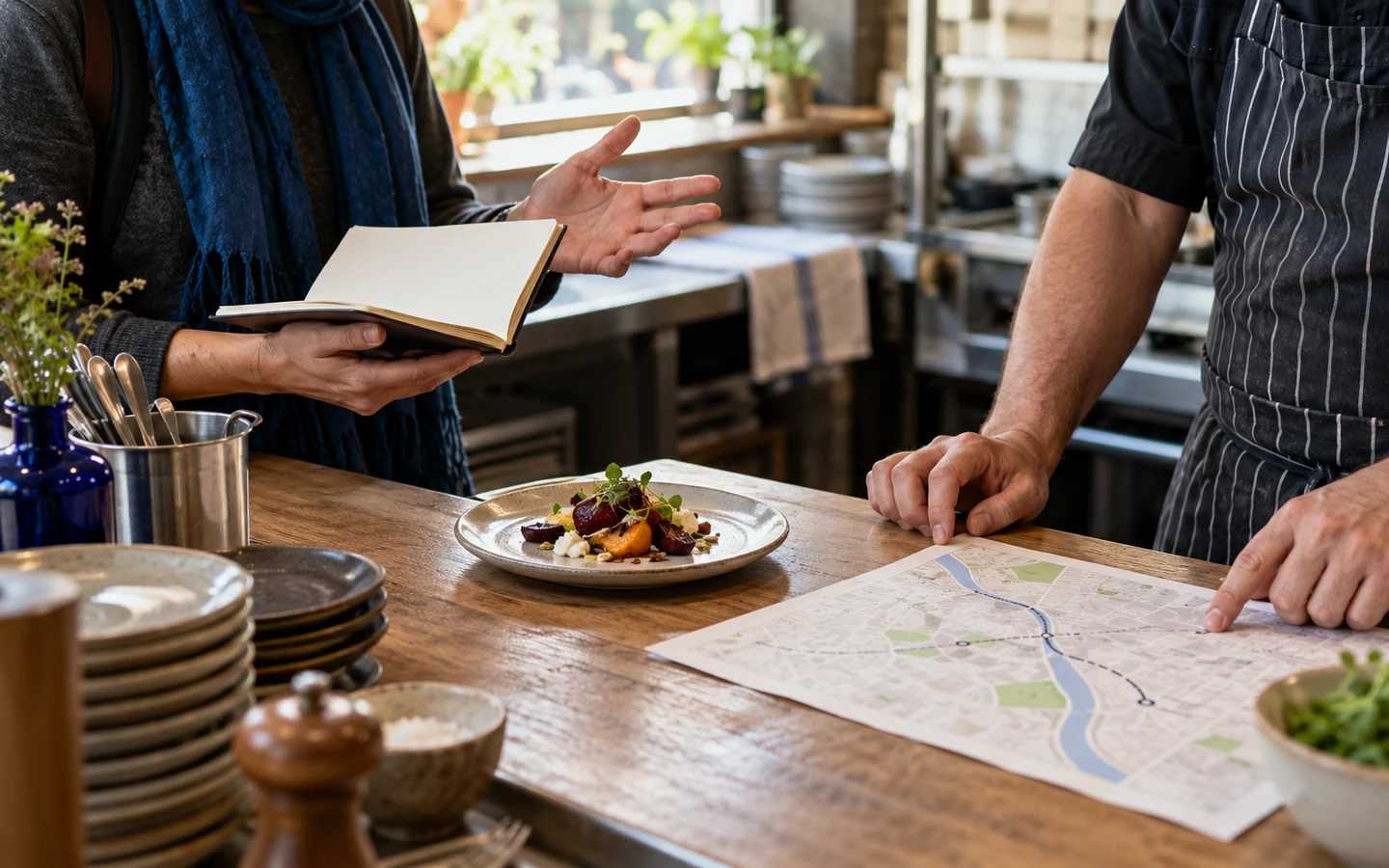A walking-tour guide and restaurant host coordinating a tasting stop before a small group arrives.
