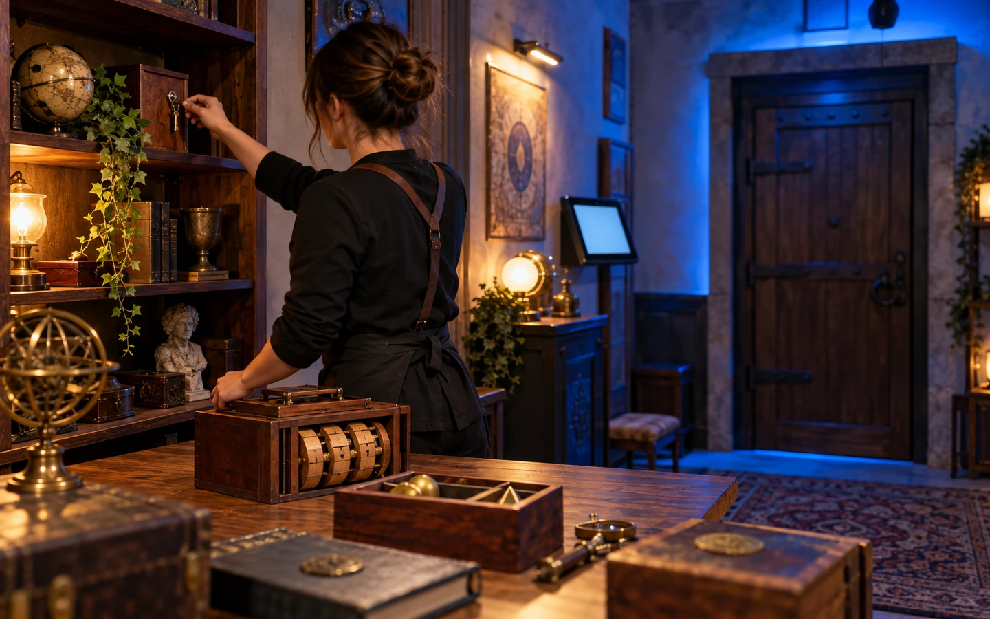 An escape-room host resetting a puzzle room between private game sessions.