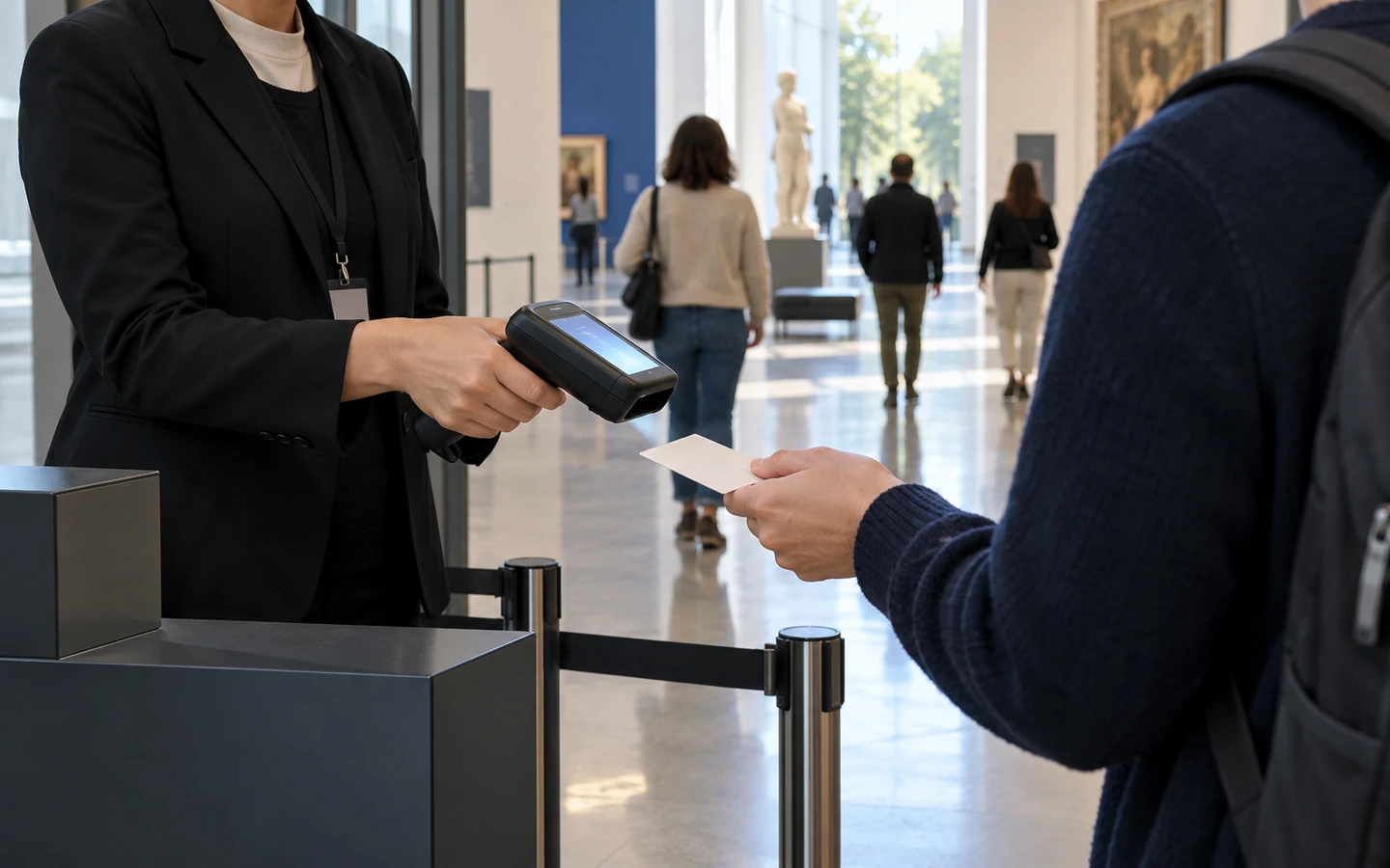 An admissions attendant scanning a visitor’s ticket at a small museum entrance gate.