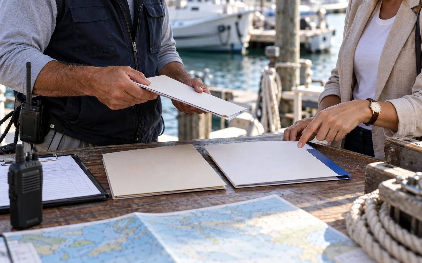 A tour operator and travel agent compare plain reservation folders beside a boat manifest at a marina operations desk.