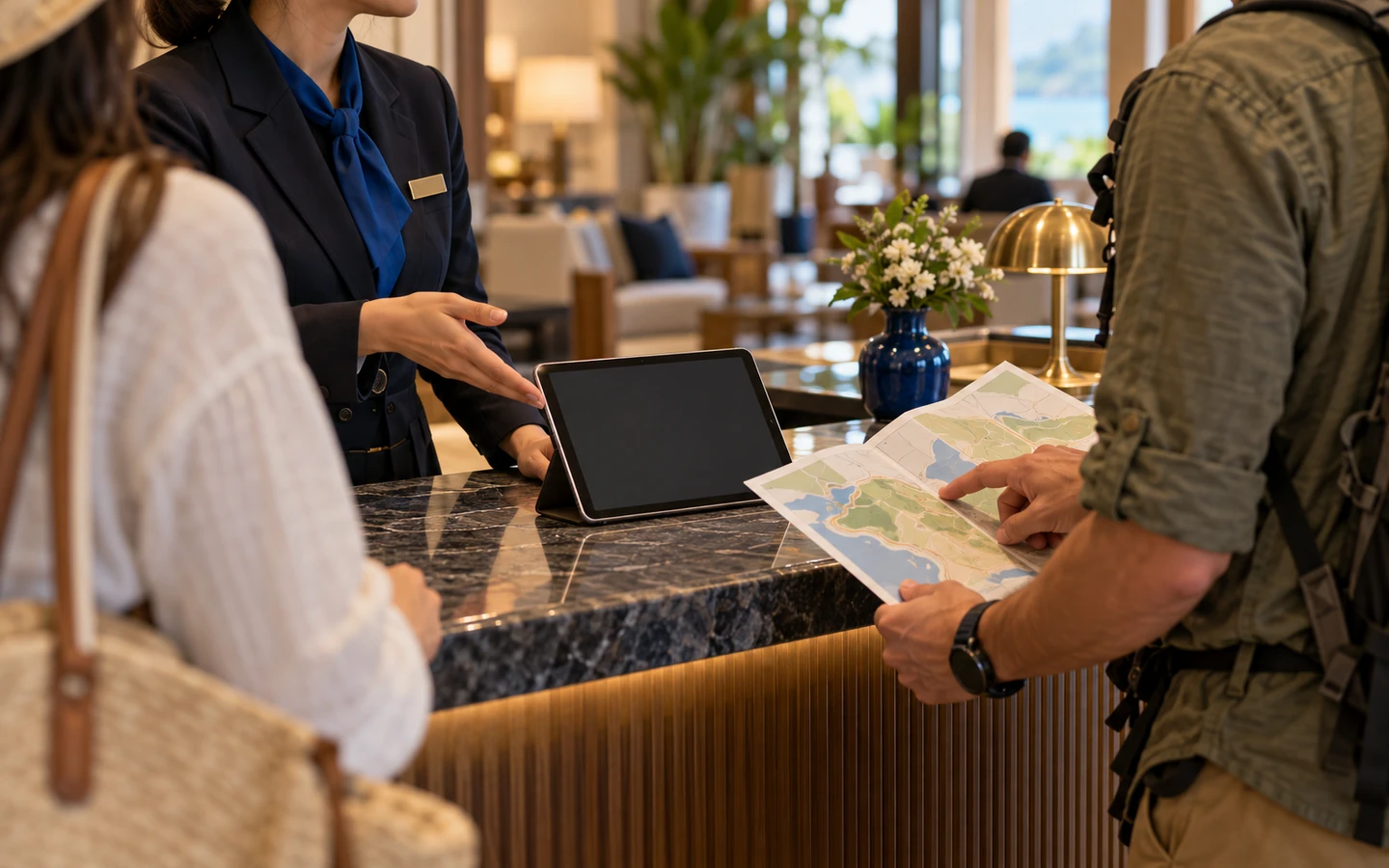 A hotel concierge handing a tour reservation to an operator while both check the booking details and availability.