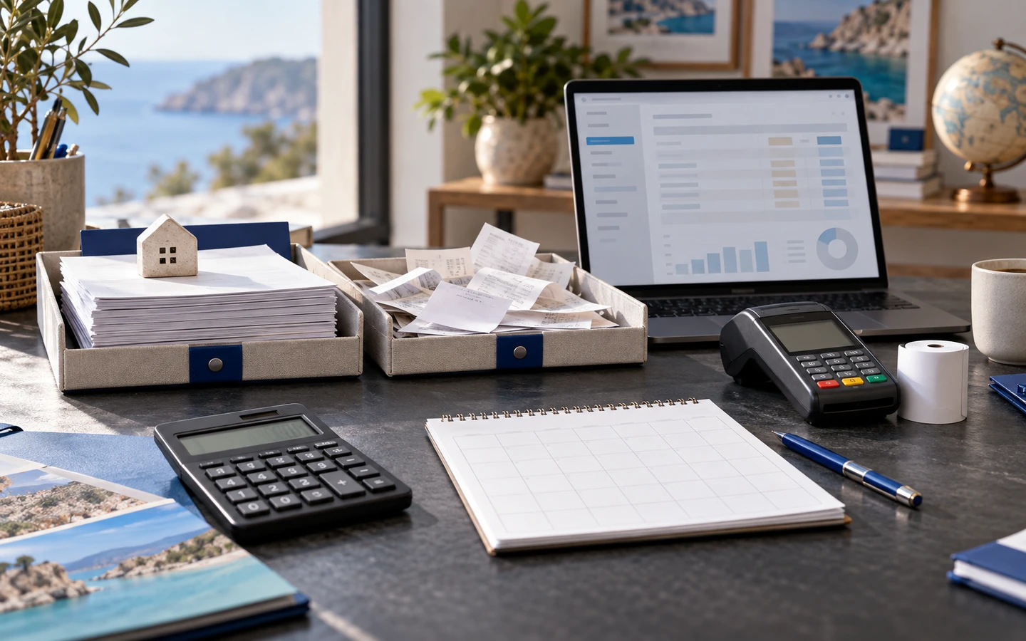 A tour operator reviewing booking totals, a calculator and seasonal calendar to understand the full monthly software cost.